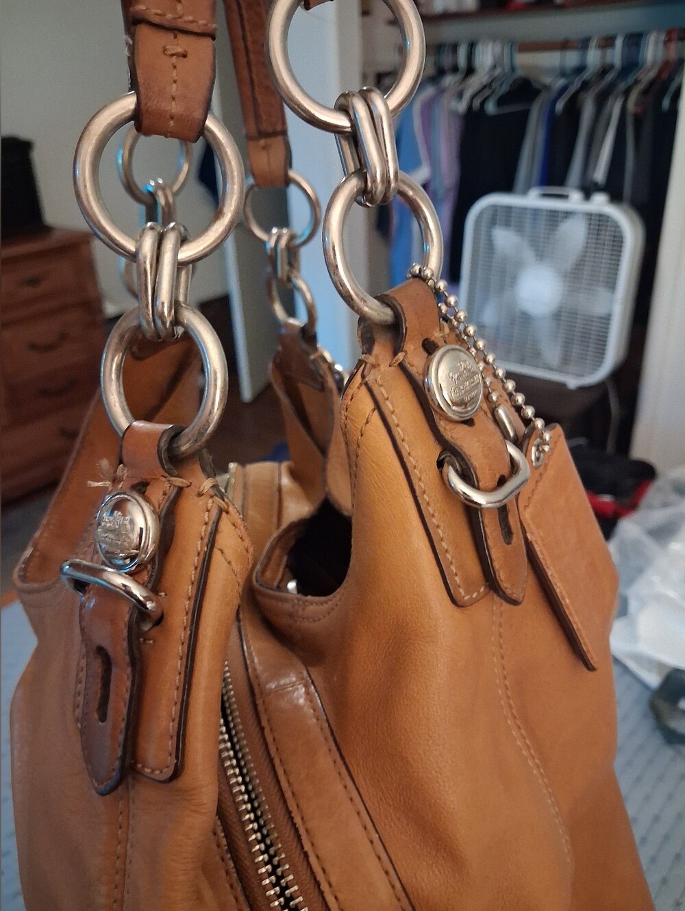 Coach Tan Leather Shoulder Bag - Classic Women's Hobo Silver Hardware - Picture 14 of 16